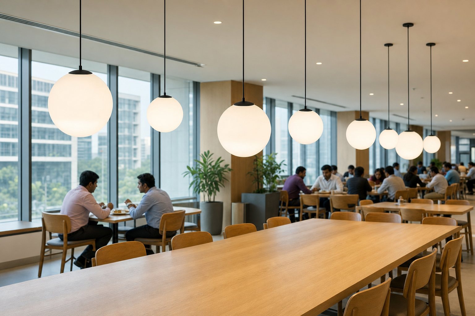 Orb globe pendants in several sizes hanging over a cafeteria with long tables