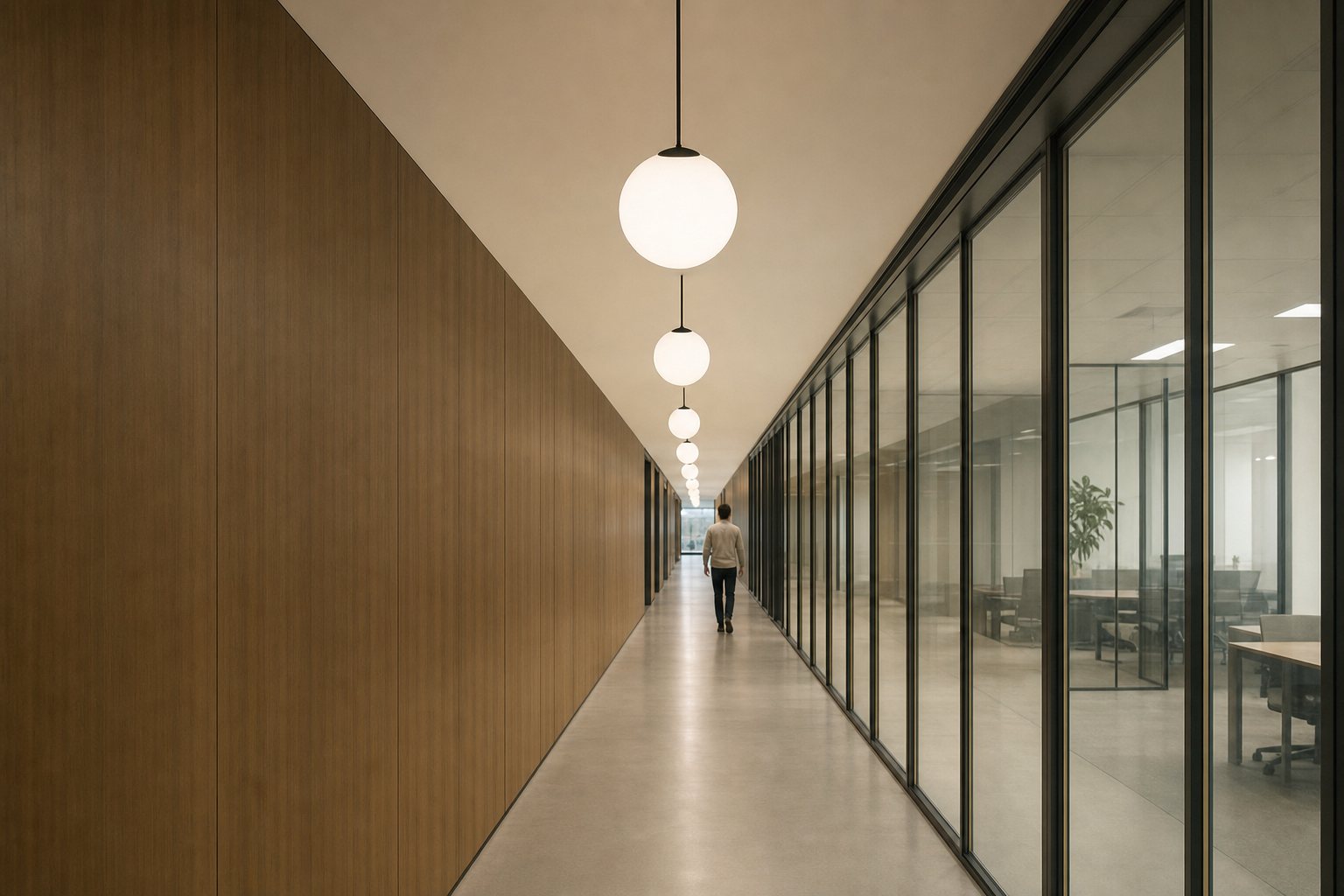 A row of Orb globe pendants hanging down a passage