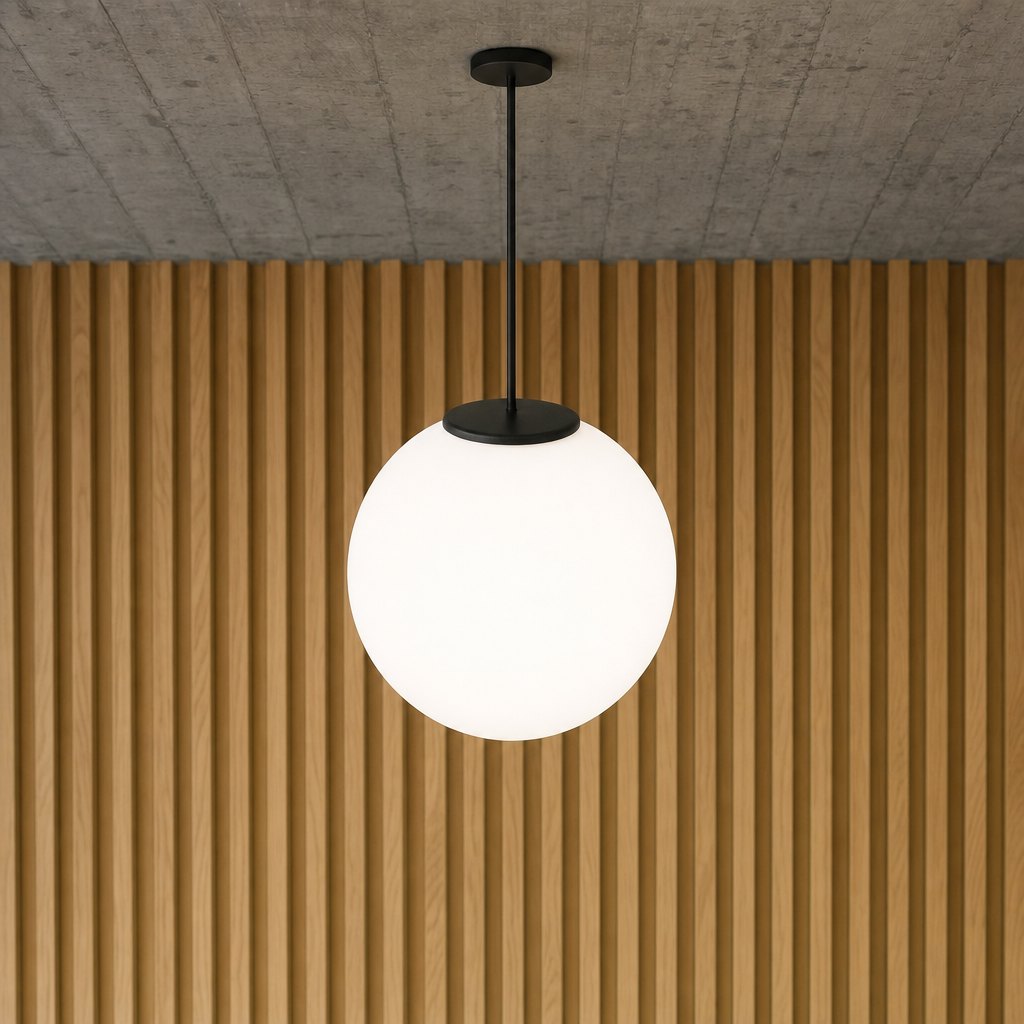 Orb opal glass globe pendant with a black canopy and cable, in front of an oak slatted wall