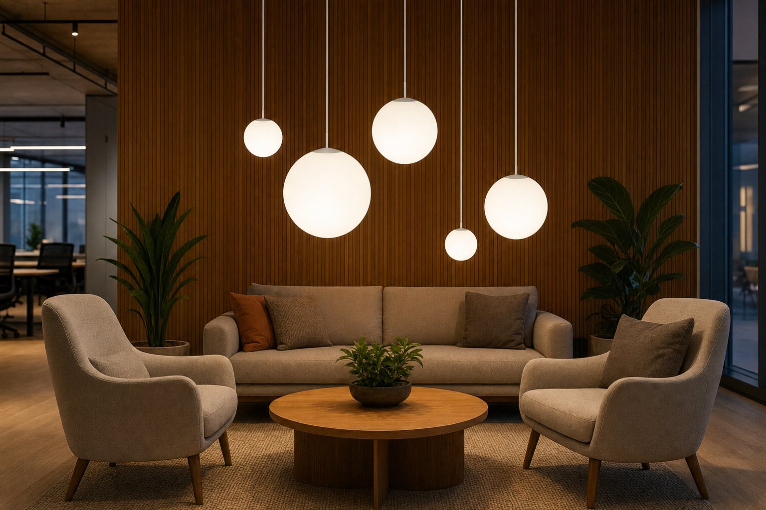 Orb globe pendants in several sizes hanging in a breakout lounge with sofa and armchairs