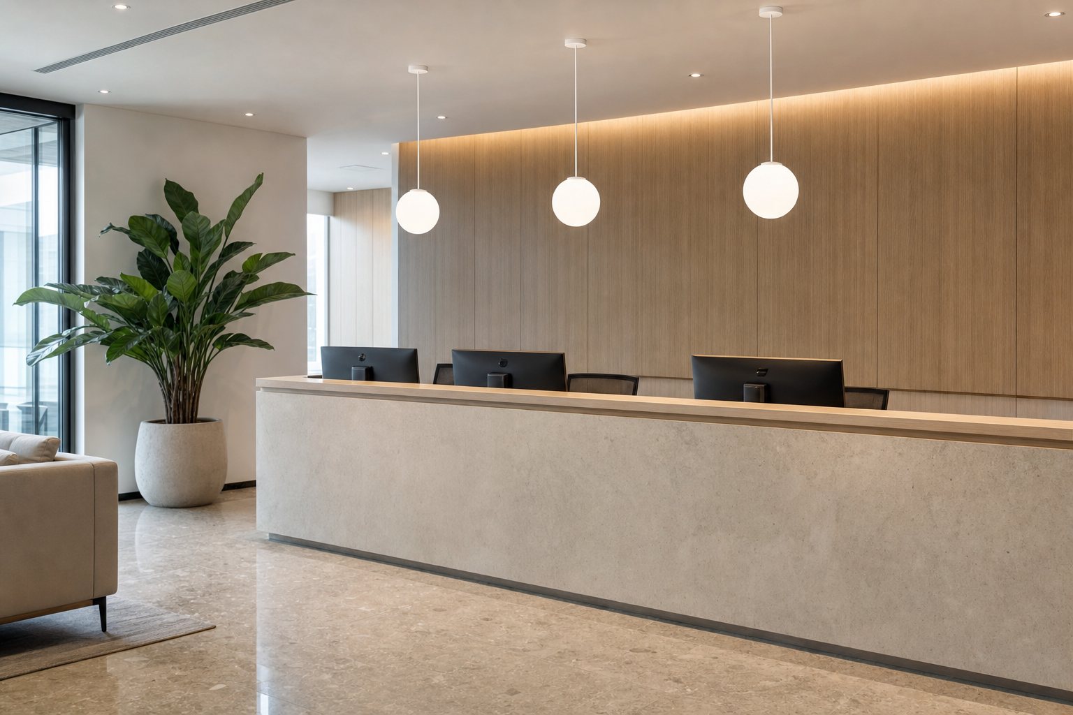 Three Orb globe pendants hanging behind a reception desk