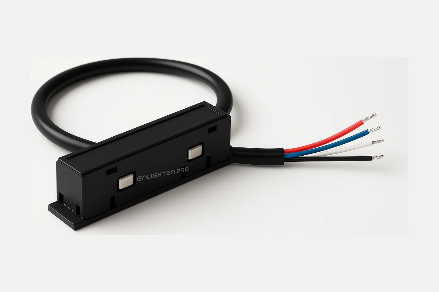 The input module: a black block with two silver spring contacts on its face, on a lead ending in four wires — red, blue, black and white