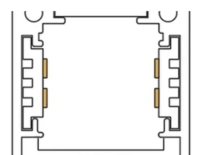Close section through the channel showing two copper contact pads on each rail, four in all