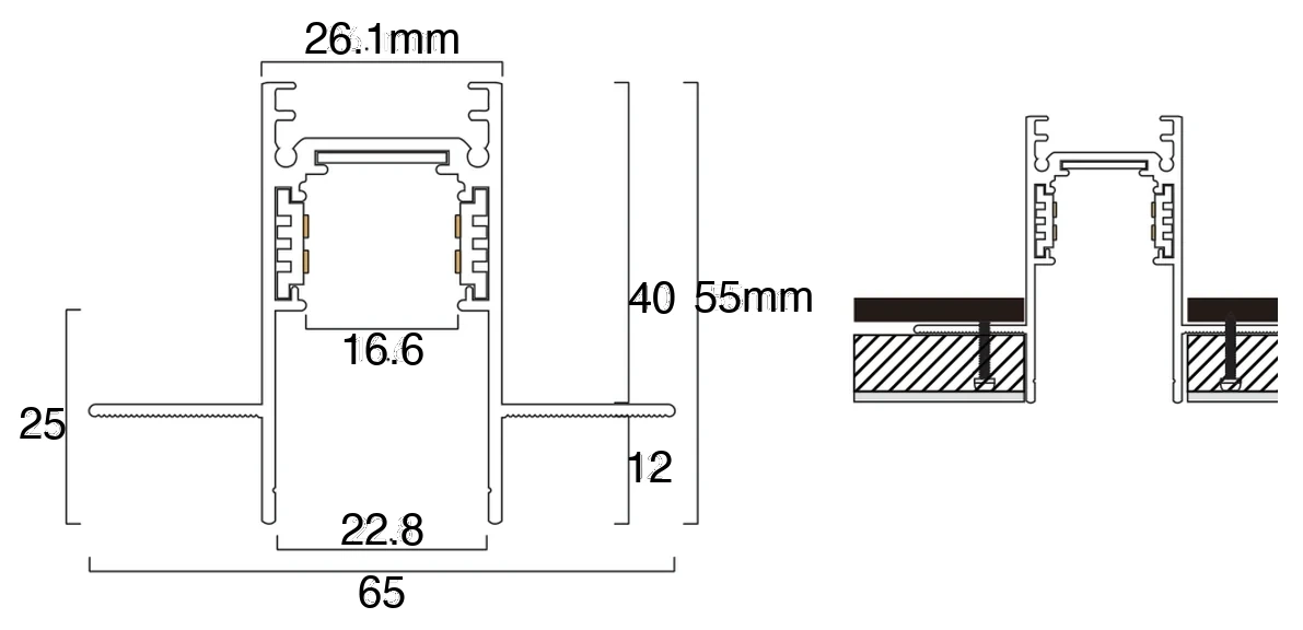 Section through the recessed CIANA channel, 65mm across the flanges and 55mm deep