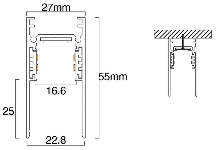 Section through the surface-mounted CIANA channel, 27mm wide and 55mm deep