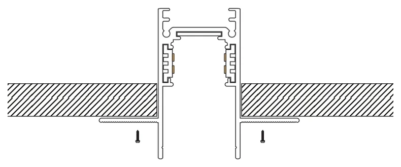 Self-tapping screws fixing the track flange to the first board layer