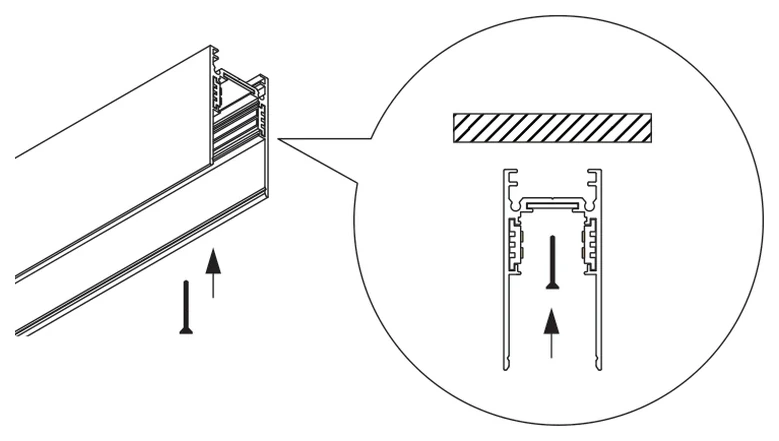 Screwing the channel to the ceiling through its base, with a magnified section