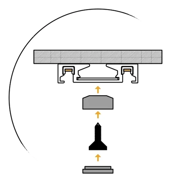 Magnified view of one fixing: the positioning plug, the screw and the screw-hole cover rising in turn into the centre channel of the track