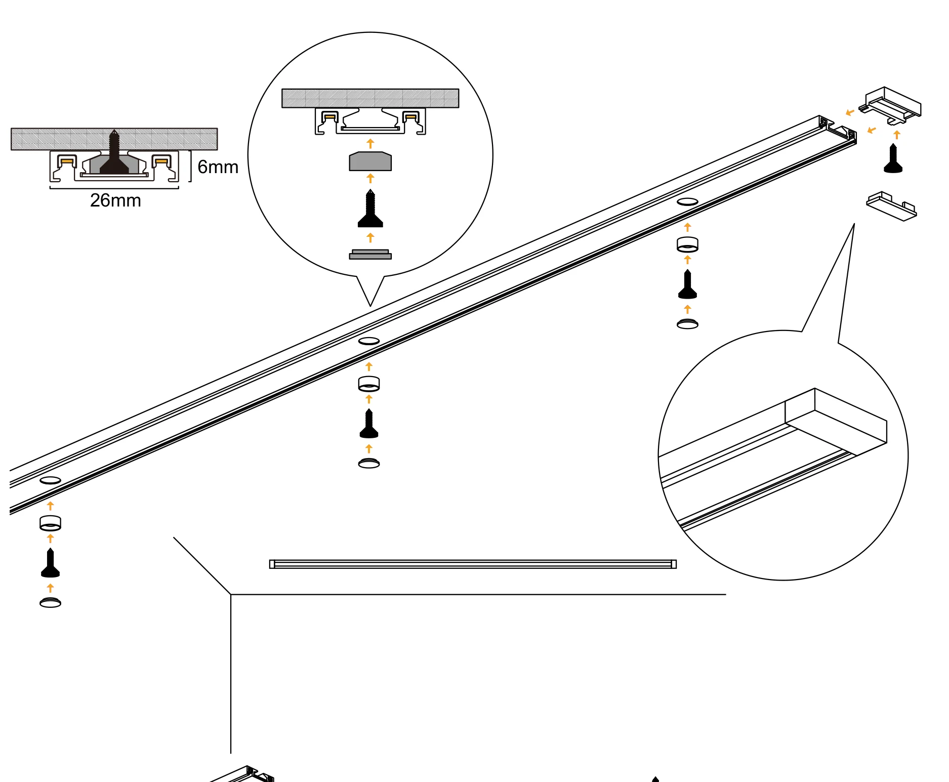 Isometric drawing of a length of track being fixed to a ceiling: positioning plugs and screws rise into each fixing hole, covers go over the screw heads, and an end plug closes the open end