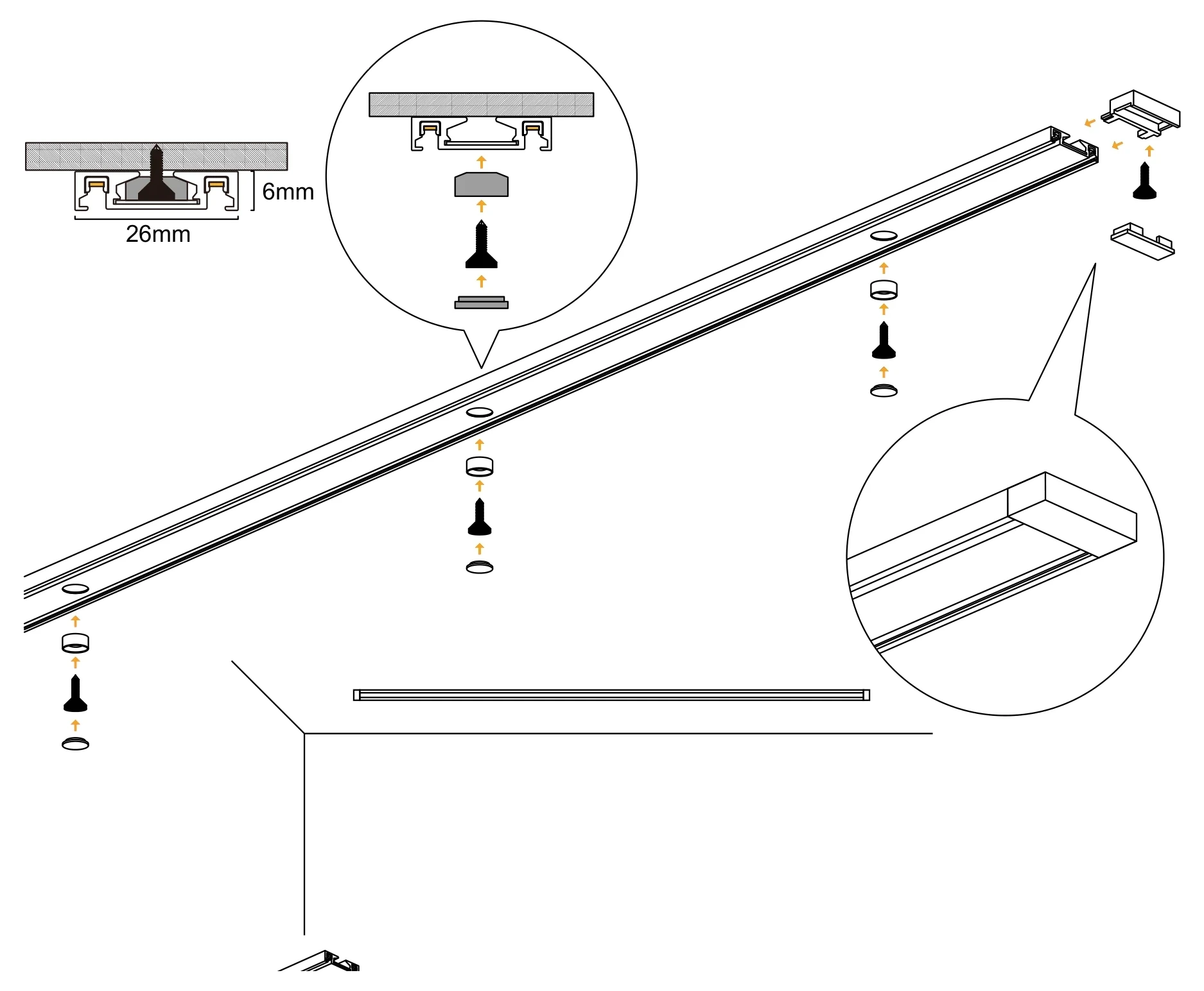 Isometric drawing of a length of track being fixed to a ceiling: positioning plugs and screws rise into each fixing hole, covers go over the screw heads, and an end plug closes the open end