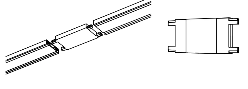 Two lengths of track joined in a straight line with a jointer module, and the jointer module on its own