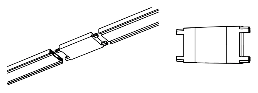 Two lengths of track joined in a straight line with a jointer module, and the jointer module on its own