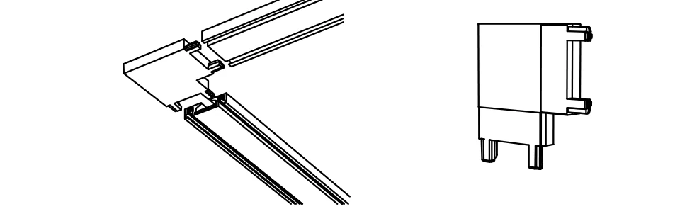 Two lengths of track meeting at a right angle on the ceiling with a corner connector, and the connector on its own