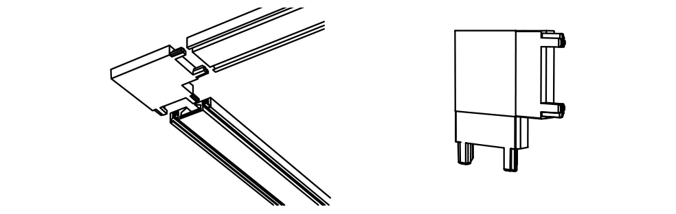 Two lengths of track meeting at a right angle on the ceiling with a corner connector, and the connector on its own