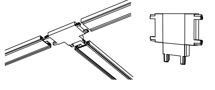 Three lengths of track meeting in a T with a tee connector, and the connector on its own