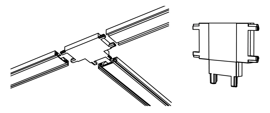 Three lengths of track meeting in a T with a tee connector, and the connector on its own