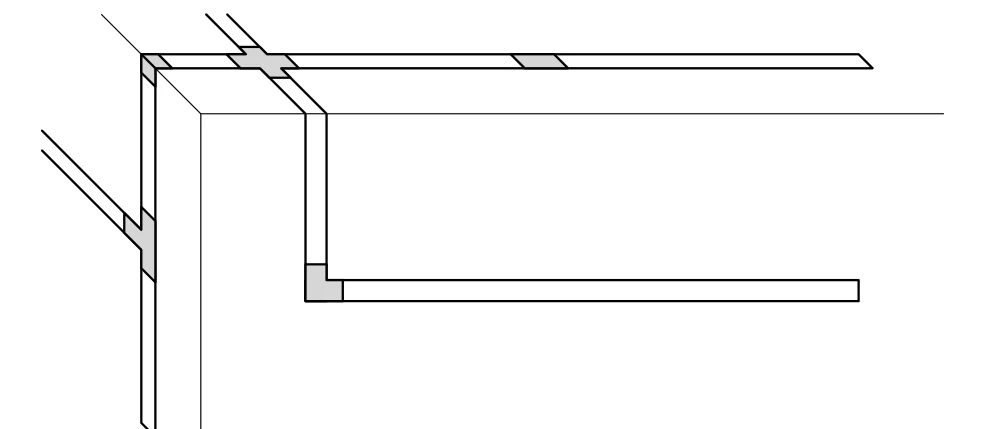 Line drawing of a room corner showing track running along the ceiling and continuing down the wall