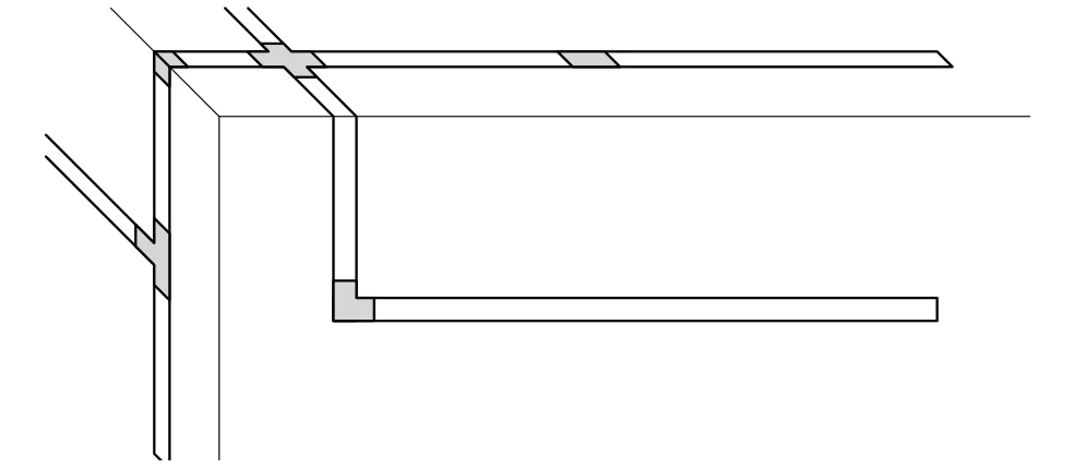 Line drawing of a room corner showing track running along the ceiling and continuing down the wall
