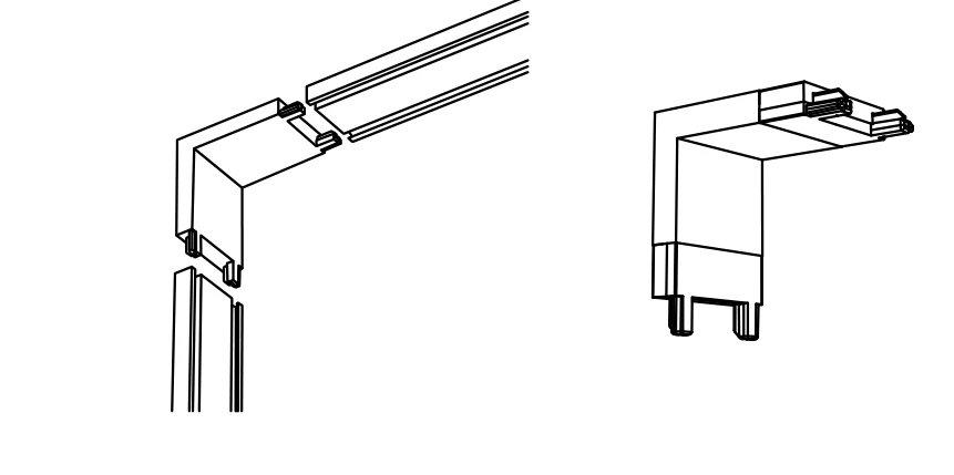 A ceiling run turning down onto a wall run through a vertical corner connector, and the connector on its own