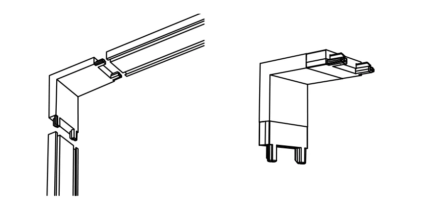 A ceiling run turning down onto a wall run through a vertical corner connector, and the connector on its own