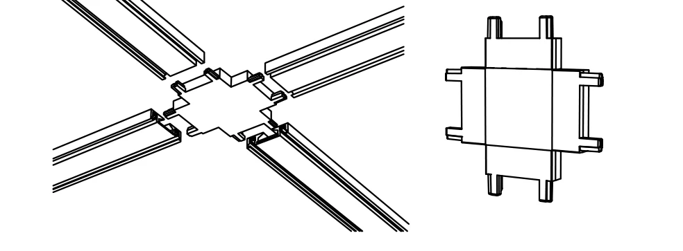 Four lengths of track meeting in a cross with a cross connector, and the connector on its own