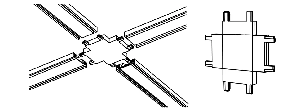 Four lengths of track meeting in a cross with a cross connector, and the connector on its own