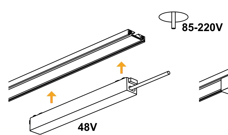 A slim 48 volt power supply being pushed up into the track, its mains lead rising through the ceiling