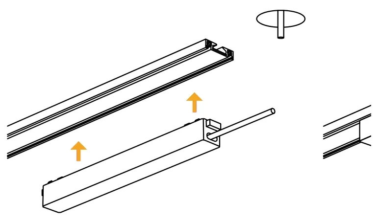 A slim 48 volt power supply being pushed up into the track, its mains lead rising through the ceiling