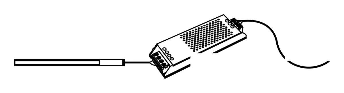 A 48 volt driver mounted above the ceiling, its output running down to the end of the track