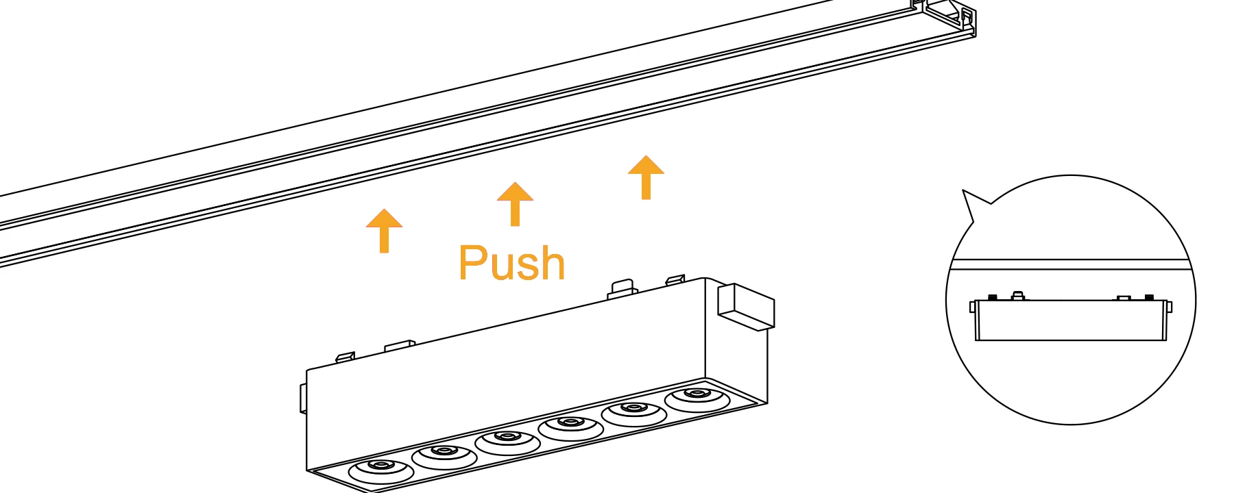 A linear luminaire being pushed up into the track, with an inset showing its contacts approaching the copper strips