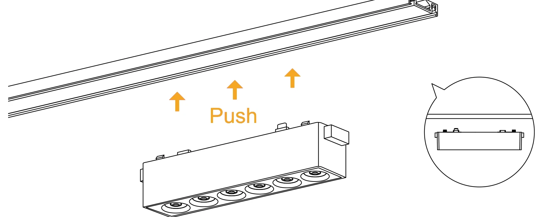 A linear luminaire being pushed up into the track, with an inset showing its contacts approaching the copper strips