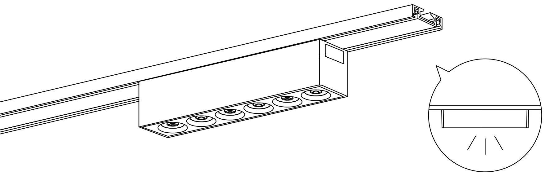 The luminaire seated and locked in the track, lit, with an inset showing it flush in the channel