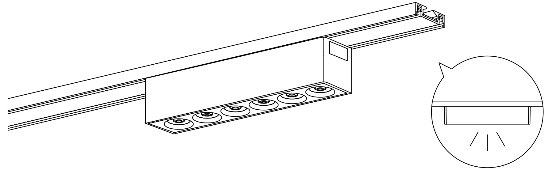 The luminaire seated and locked in the track, lit, with an inset showing it flush in the channel