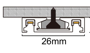 Cross-section of the 26 mm wide, 6 mm deep track channel fixed to a ceiling, showing the positioning plug and screw in the centre and the two copper strips along the inner edges