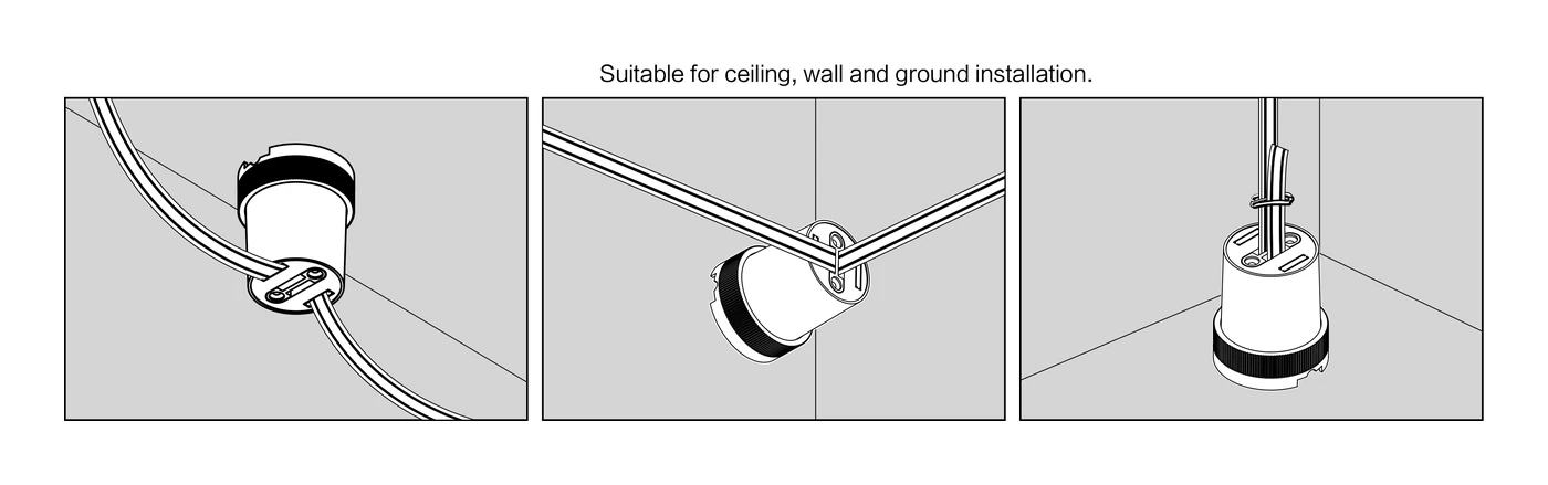 The same node shown fixed to a ceiling, to a wall and to a floor