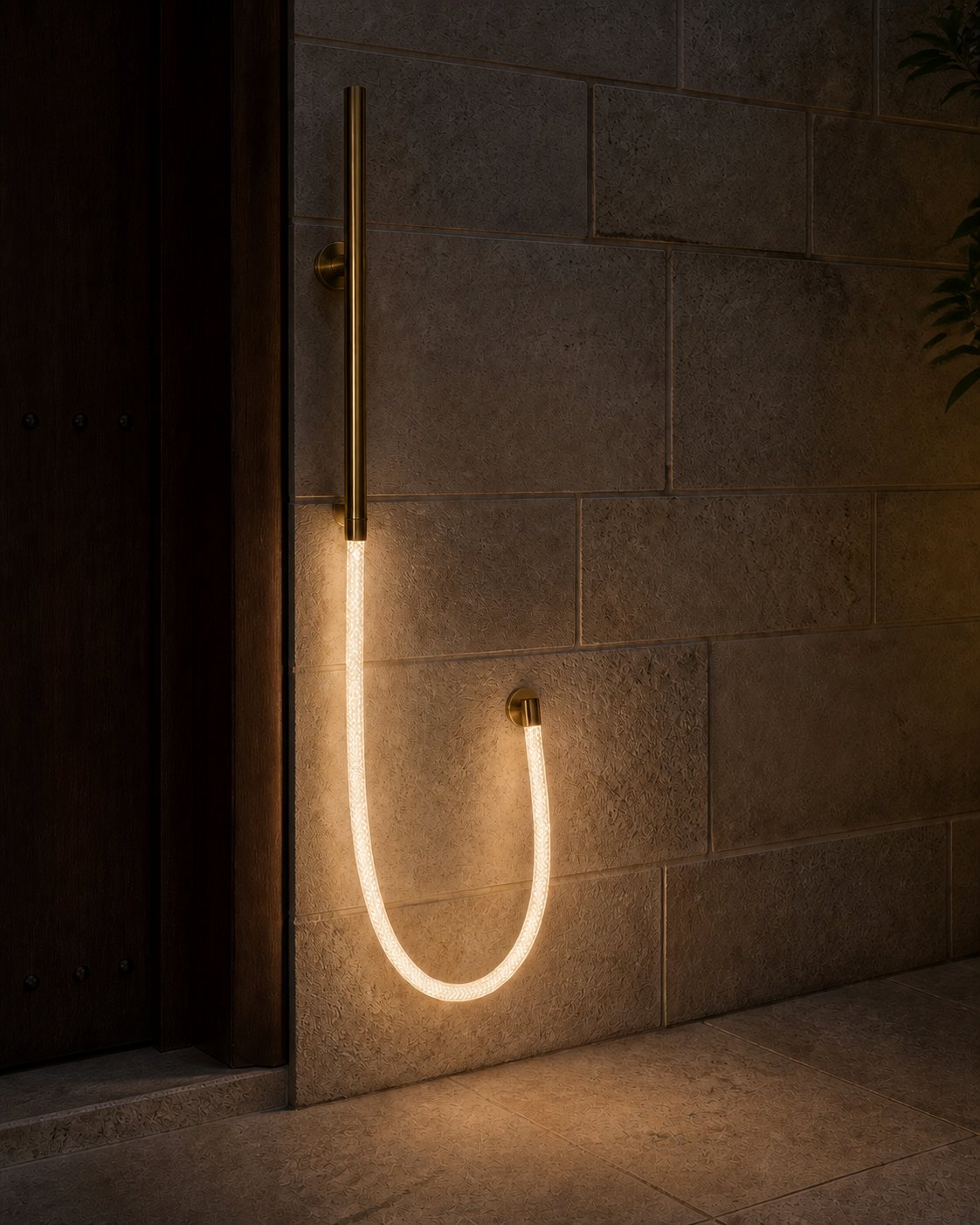 Habl falling from a short brass rail beside a stone courtyard doorway