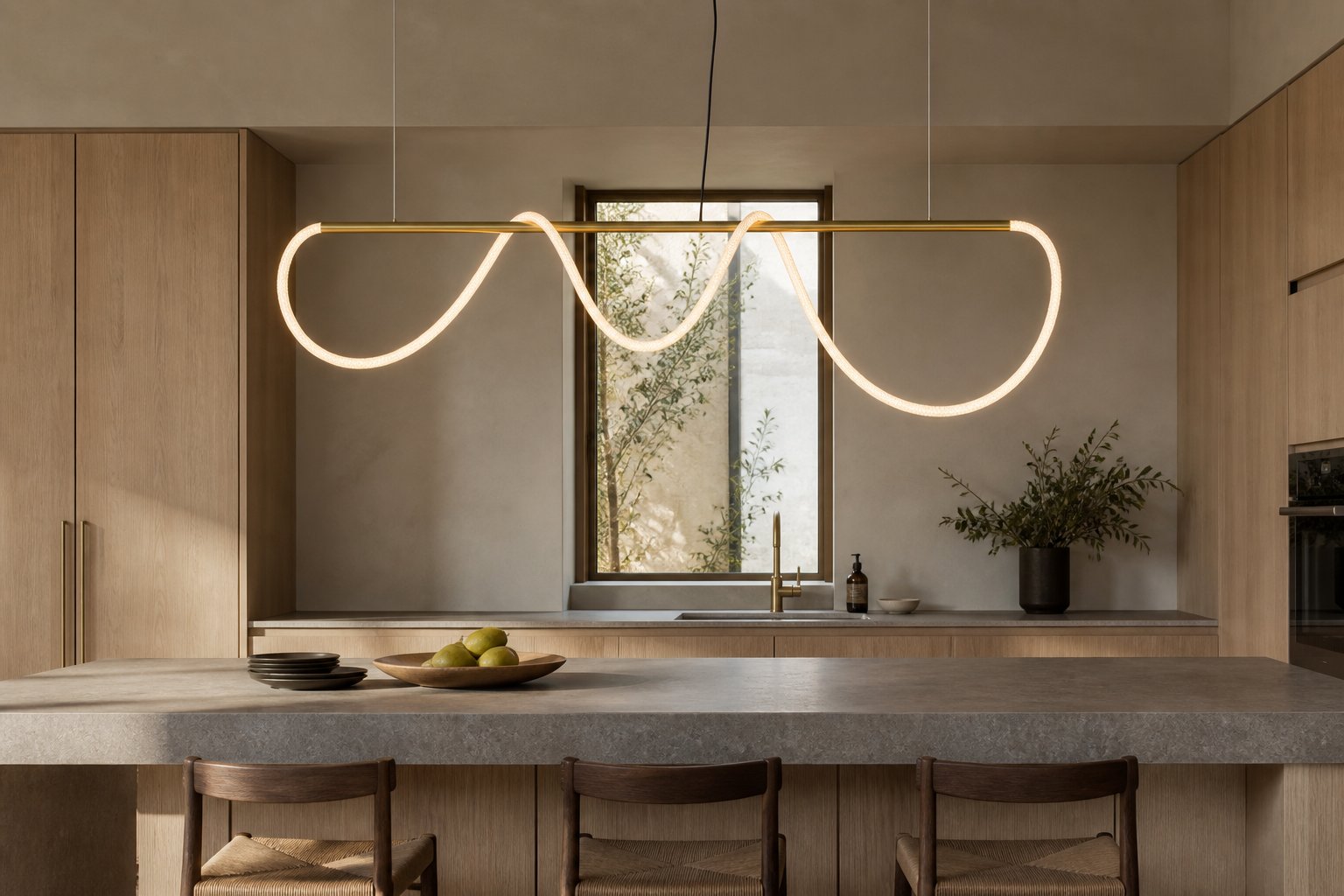 A Habl rope woven over and under a slim brass bar above a kitchen island