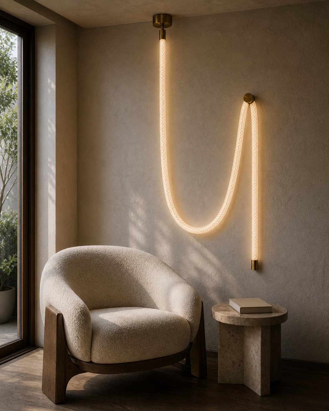 A Habl rope falling from a ceiling canopy, over a brass wall hook, to a capped end