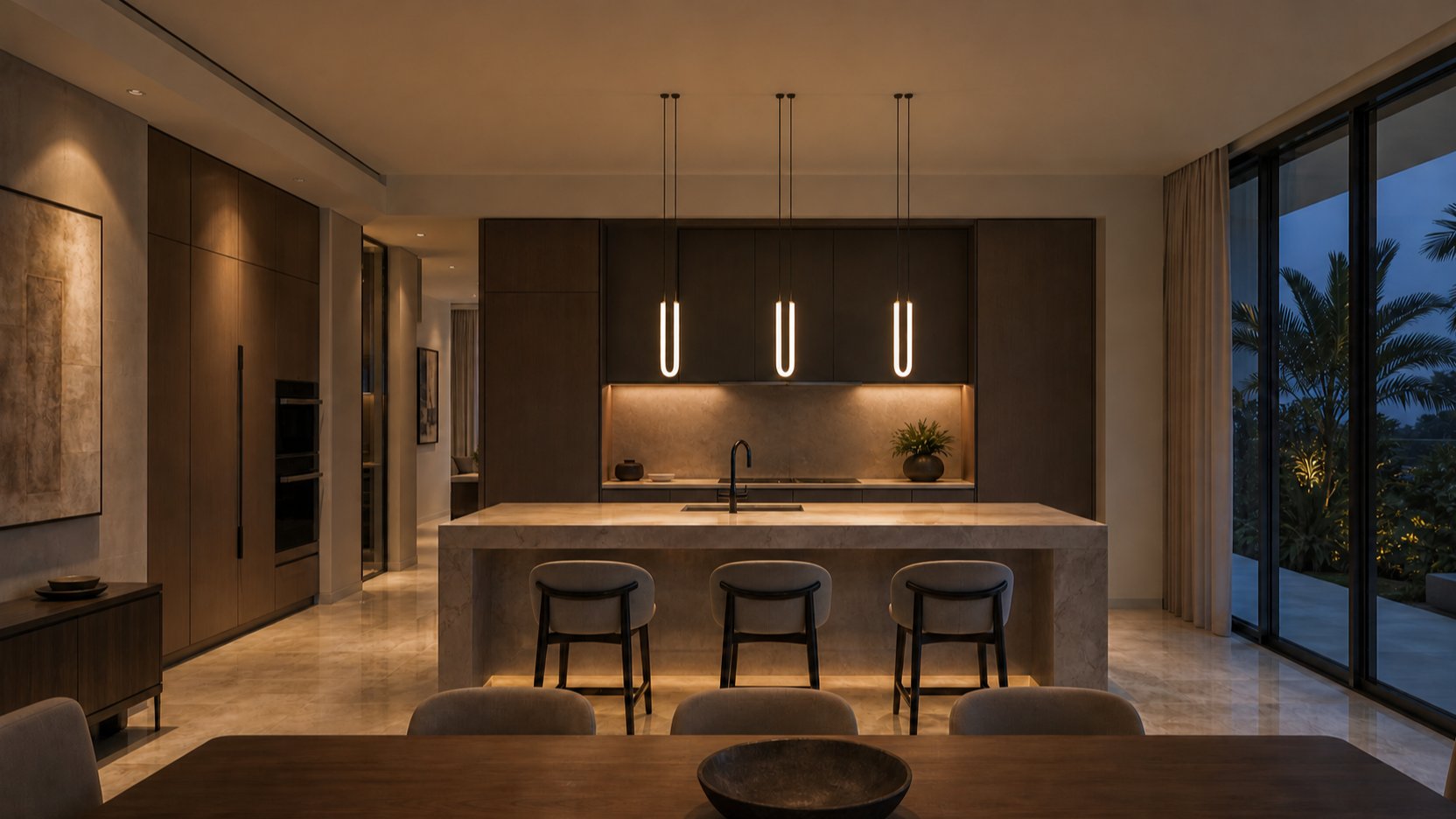 Three slim Habl pendants over a kitchen island