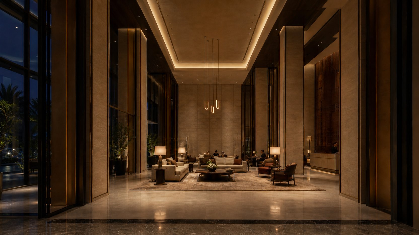 A Habl pendant cluster above the seating in a hotel lobby