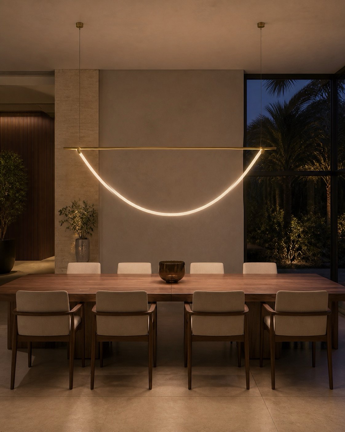 A single Habl sweep slung beneath a brass bar over a dining table