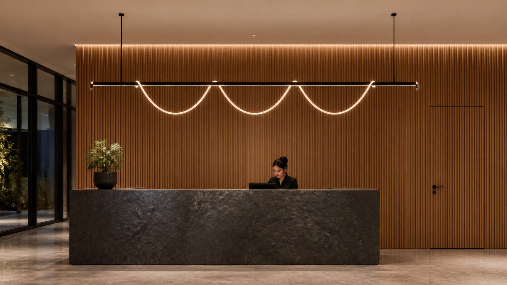 A Habl wave draped along a black bar over a stone reception desk