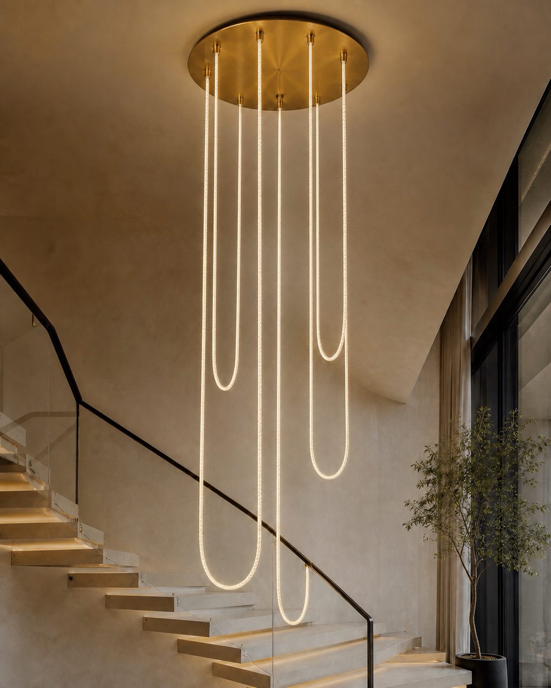 Five Habl drops falling from one brass canopy down a stairwell, each thinner than the handrail beside them