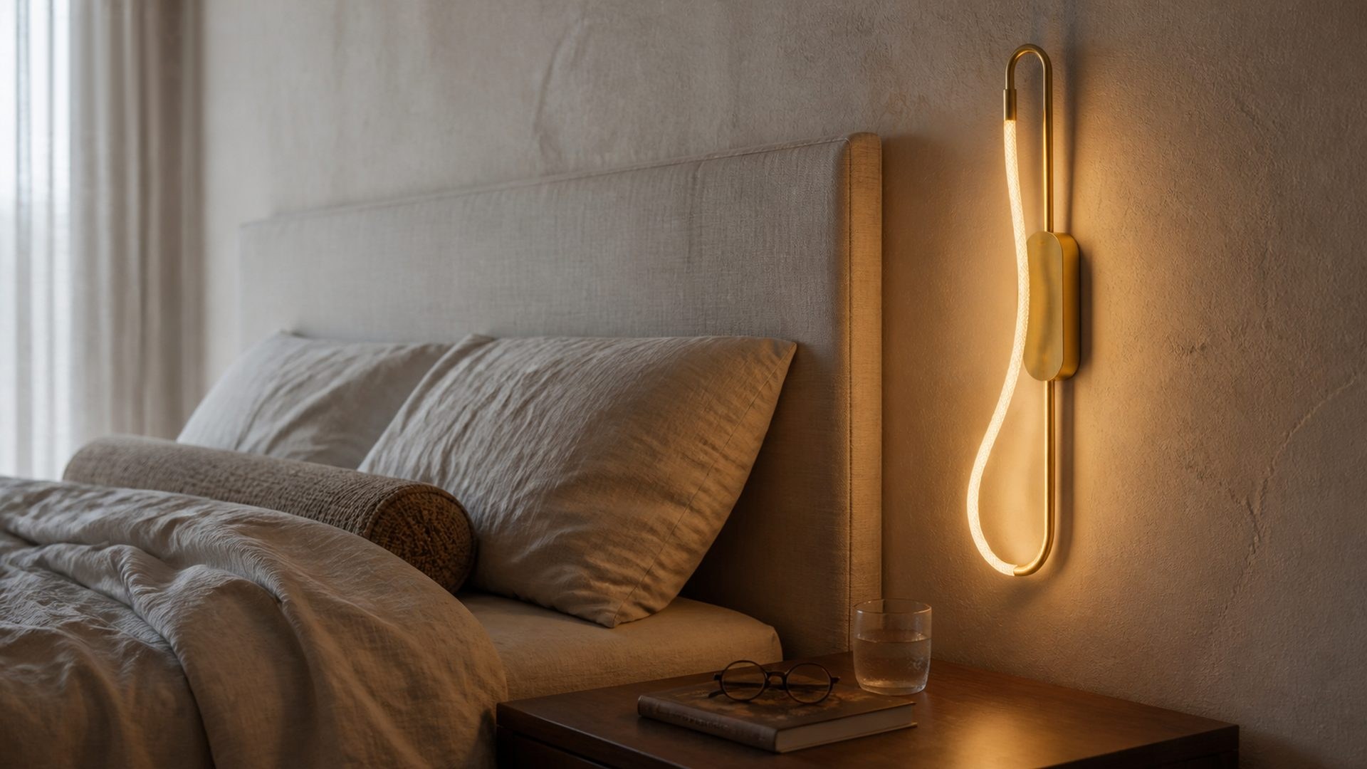 A Habl wall light beside a bed — the rope hanging on a brass rail