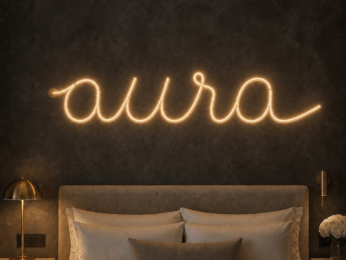 The word aura written in one line of Habl rope above a bed