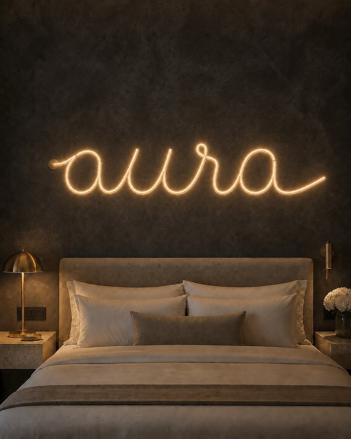 The word aura written in one continuous line of Habl rope above a hotel bed