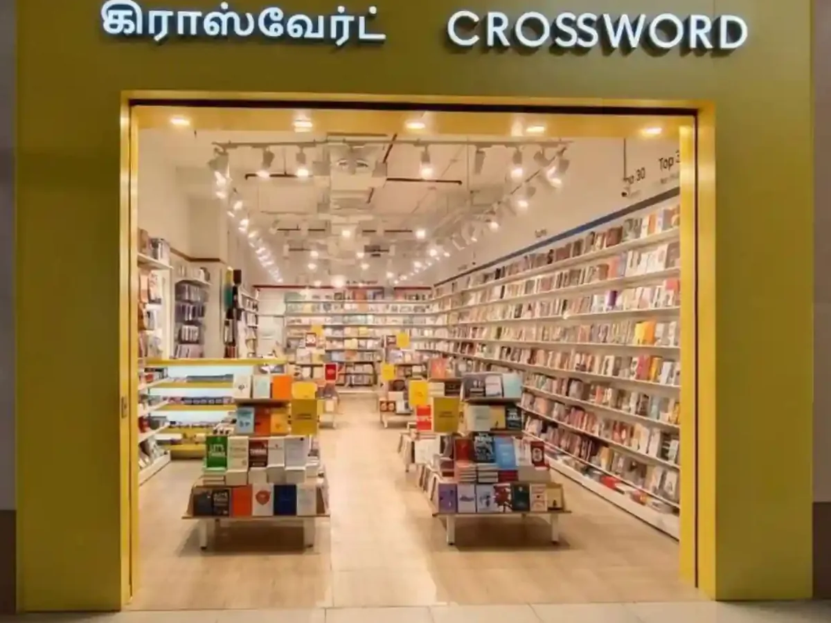 Crossword bookstore at Prozone Mall, Coimbatore, with ceiling track spotlights over the shelves
